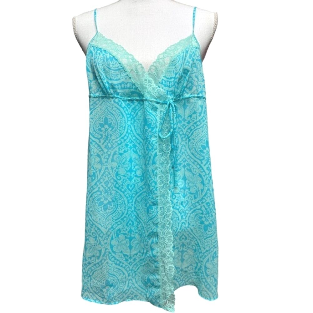Victoria Secret Teal Lingerie Babydoll Blue Flyaway Lace Trim Chemise Top Size L